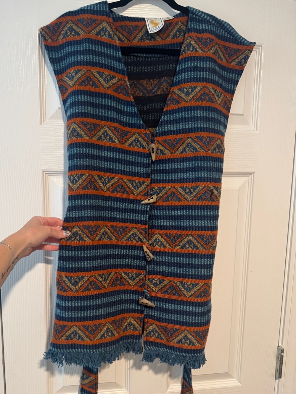 Boho Striped Knit Vest with Toggle Buttons - Blue & Brown